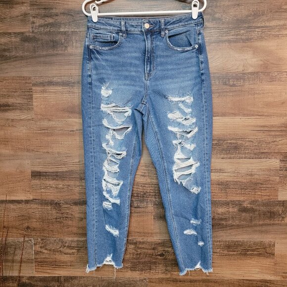 American Eagle Jeans 8 S Mom Hi Rise Stretch Raw Hem Medium Light Wash Denim - Picture 1 of 11